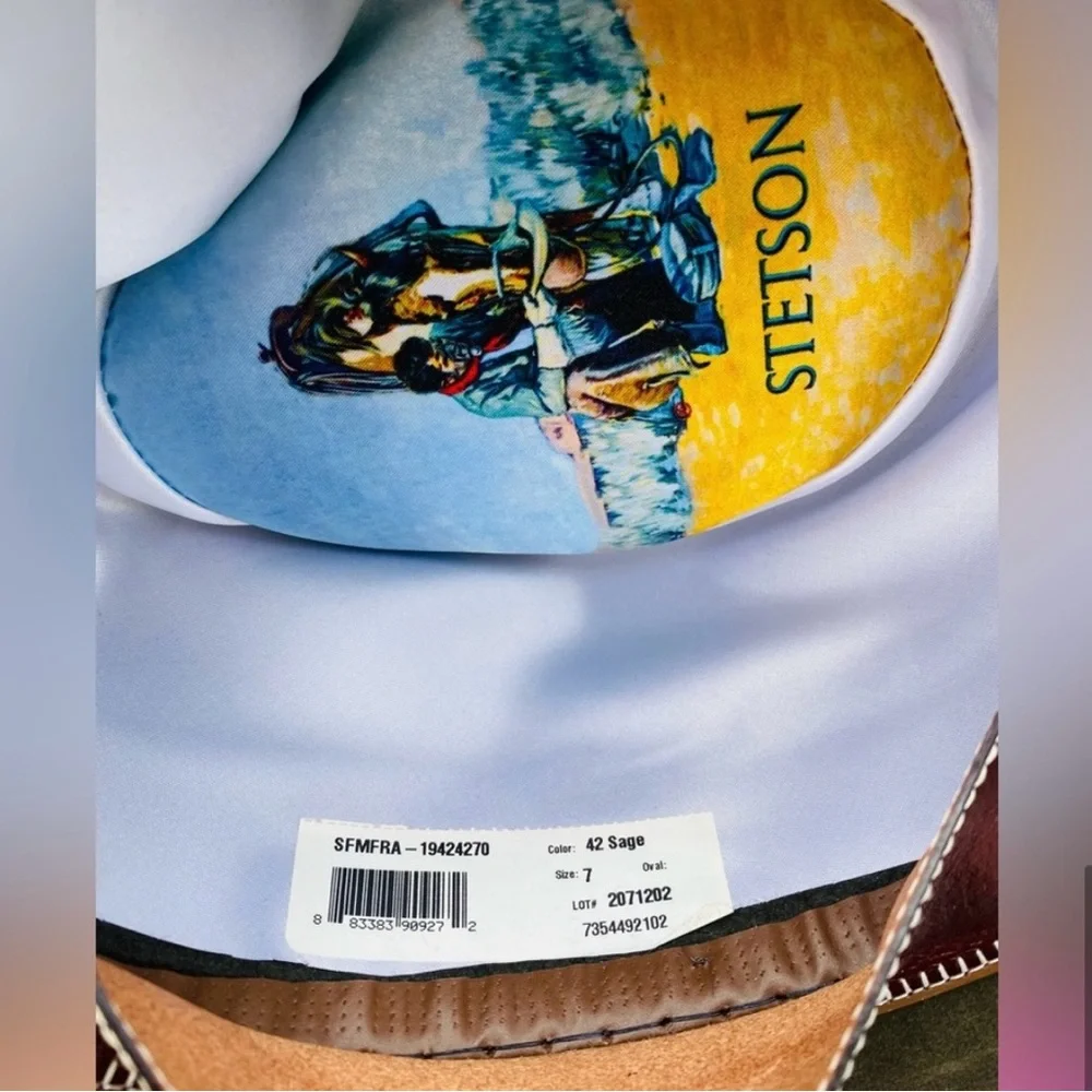 Authentic Custom Stetson Rabbit Felt Fur Green Sage Western Flat Brim Hat - Picture 11 of 11